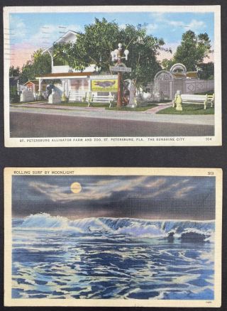 2 Vintage 1930 - 40s Linen Postcards From Florida: St.  Petersburg & Surfing,