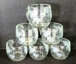 Vtg Set Of 6 World Globe Map Etched Frosted Glass Coffee Mugs Mid Century Modern