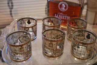 Cera Vintage Map Design Set Of 6 Low Ball Whiskey Glasses