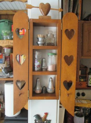 Charming Vintage Folk Art Handcrafted Oak Wood Wall Shelf Spice Rack Cabinet