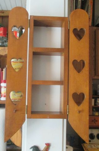 Charming Vintage Folk Art Handcrafted Oak Wood Wall Shelf Spice Rack Cabinet 2