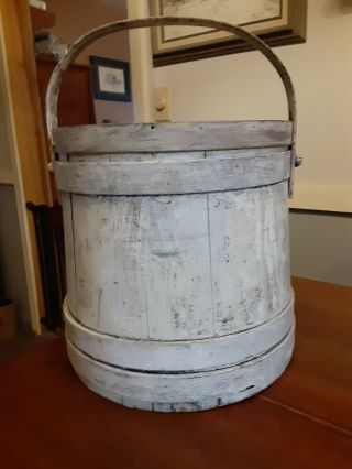 Antique Primitive Wooden Firkin Sugar Bucket W/ White Paint