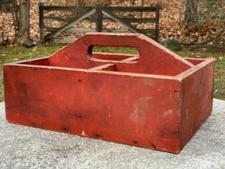 Antique Primitive Red Paint Wood Wooden Tote Carrier Caddy Divided Aafa