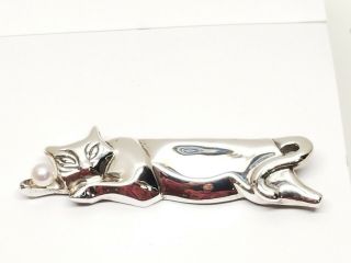 Tiffany & Co 925 Sterling Silver Cat Pin With Pearl Vintage Rare 1984