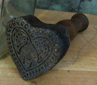 Heart W Large Honey Bee Carved Primitive Farmhouse Wood Butter Mold Stamp Press