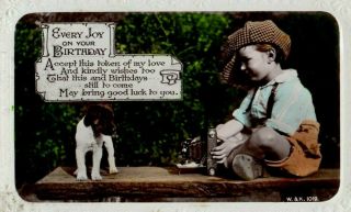 Vintage Birthday Greeting Postcard: Little Boy With Camera & Puppy Dog