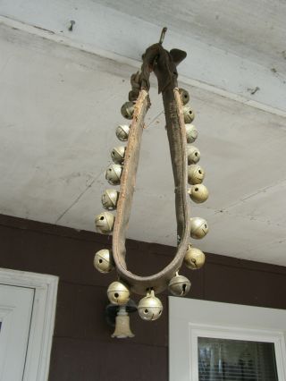 Vintage Antique Brass 18 Sleigh Bells On 38 " Leather Horse Collar