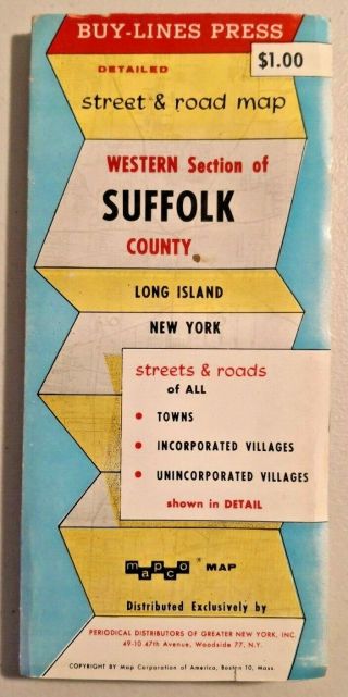 Vintage 1950s Road Map Of Western Section Of Suffolk - Long Island & Ny - - 1361