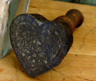 Primitive Country Farmhouse Carved Wood Heart W Flower Butter Mold Stamp Press