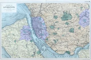 Environment Of Liverpool,  1895 - Antique Map / Street Plan,  Bacon.