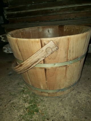 Vintage Wooden Primitive Water Bucket,  Rustic,  Farm,  Well,  Feed,  Antique Handle