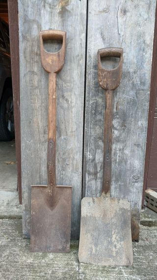 Two Vintage Wooden D Handle Coal Shovel Farm Garden Marked