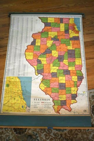 Vintage Classroom A.  J.  Nystrom Pull Down Map Us - 112 Illinois 1960 