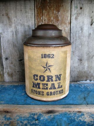 Lg Early Antique Pantry Tin Feedsack Sleeve Corn Meal