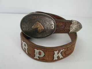 Vtg Sterling Silver Horse Head Belt Buckle Belt Engraved Rpk Western Tooled