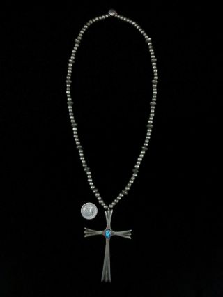 Vintage Navajo Cross Necklace - Sterling Silver And Turquoise - Large And Heavy