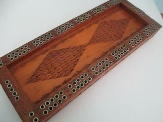 Antique Primitive Hand Carved Folk Art Wooden Cribbage Board 15 "