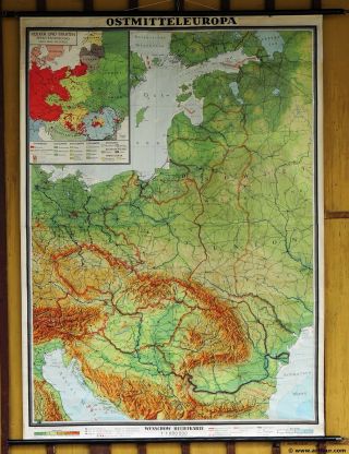 Vintage Relief Map Pull - Down Wall Chart East Middle Europe Poster Print
