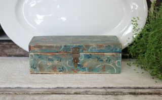 Antique Miniature Small Stenciled Wallpaper Trinket Wood Box Desirable Blue