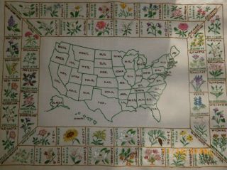 Vintage Paragon Usa State Flower Map Completed Embroidery Embroidered Sampler