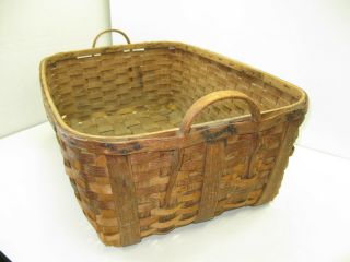 Large Antique Splint Gathering Laundry Basket Primitive Attached Wooden Runners 4