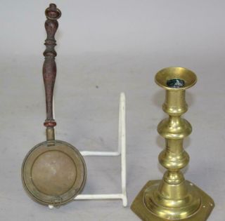 A RARE MINIATURE 19TH C BRASS AND WOOD EMBER CARRIER IN THE FORM OF A BEDWARMER 2