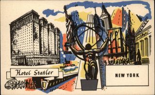Hotel Statler York Art Deco Multiview Vintage Postcard