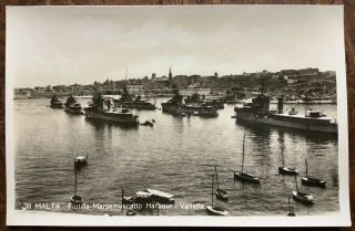 Vintage Rppc View Of Naval Flotilla In Marsamucetto Harbour Valetta Malta