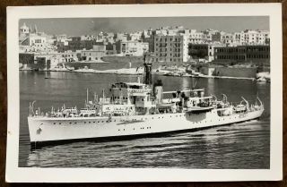 Vintage Rppc View Of British Naval Vessel In Grand Harbour Malta A & S Pavia