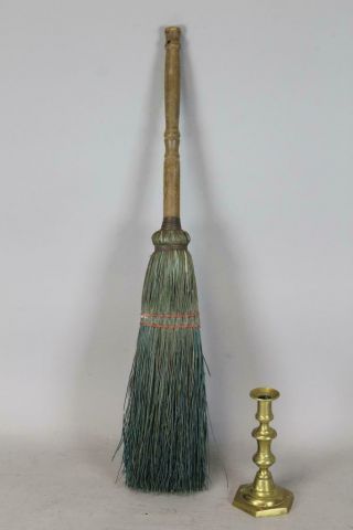A Fine Primitive 19th C Hearth Corn Husk Broom With Blue Dyed Elements