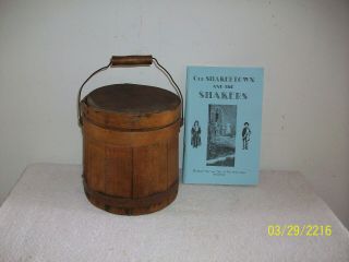 Antique Shaker Village Handled Firkin Sugar Bucket Red Paint Remnants