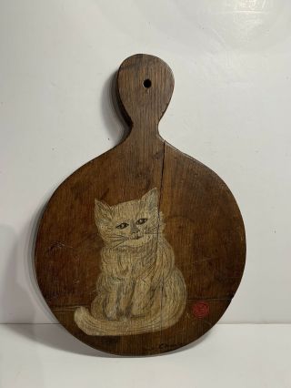 Antique American Folk Art Painting Of A White Cat On Wood Cutting Board
