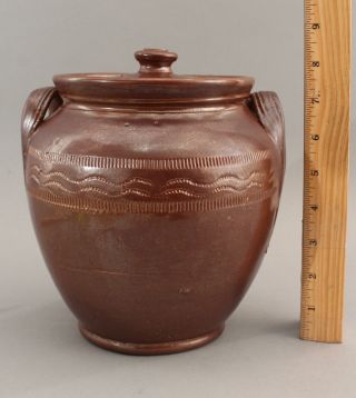 19thc Antique Primitive Brown Stoneware Covered Jar,  Incised Band,  Lug Handles