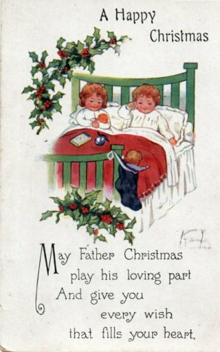 Vintage Christmas Greeting Postcard: Children In Bed On Christmas Morning