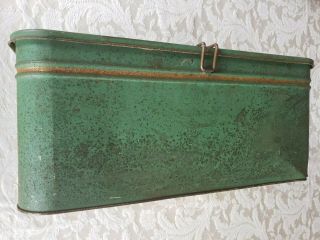 Antique Primitive Large Tin Box,  Green Paint & Image On Lid