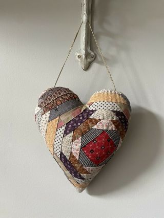 Primitive Antique Quilt Heart From 1800’s Log Cabin Pattern Valentine Hanger