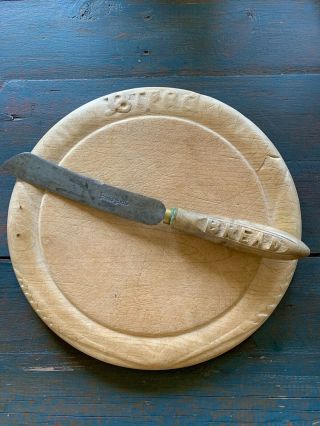 Antique Hand Carved Wooden " Bread " Cutting Board & " Bread " Knife