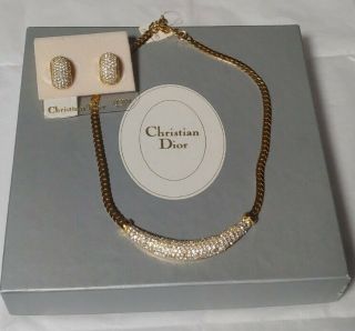 Nwt Christian Dior Vintage Gold Tone Crystal Necklace And Earrings Set