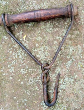 Antique 19thc Primitive Well Water Bucket Handle Hook Blacksmith Forge Iron Wood