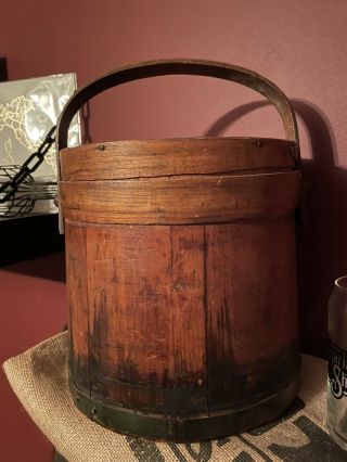 Antique Wood Bucket Pail Firkin Style Farm Primitive 1800’s Sugar Pantry Bucket