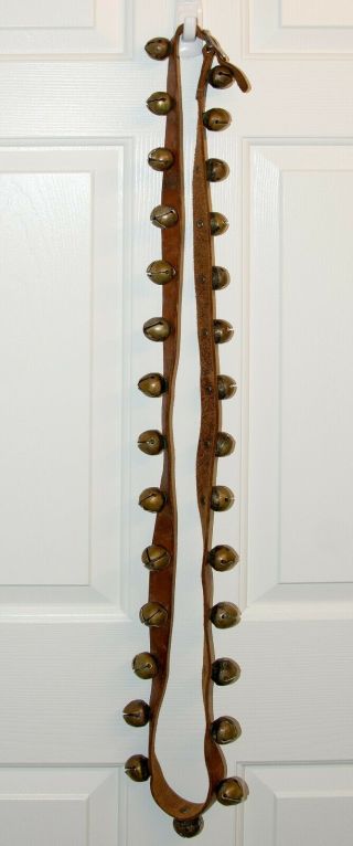 Antique Brass Sleigh Bells On 6.  5 Foot Leather Strap.