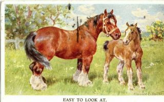Vintage Art Postcard: Shire Horses & Foal By Florence E Valter
