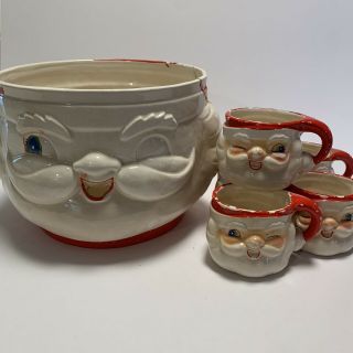 Vintage Holt Howard Christmas Santa Face Punch Bowl And Cups Ceramic 1960s