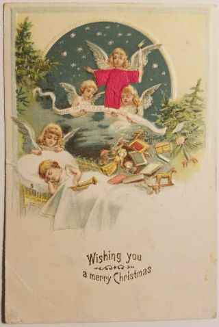 Vintage 1908 Christmas Postcard - Child Dreaming Of Toys,  Gifts W/ Angels Above