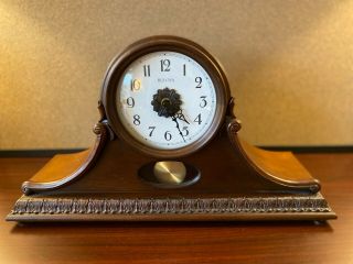 Rare Vintage Bulova Wood Quartz Sleigh Mantle Clock With Perpetual Pendulum