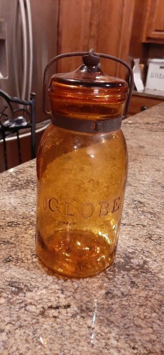 Scarce Antique Amber Globe Canning Jar 61 W/lid