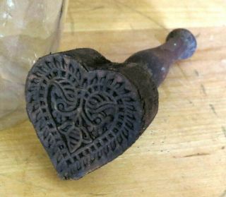 Heart W Honey Bees Carved Primitive Farmhouse Wood Butter Mold Stamp Press