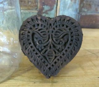 Heart w Honey Bees carved Primitive Farmhouse wood Butter Mold Stamp Press 2