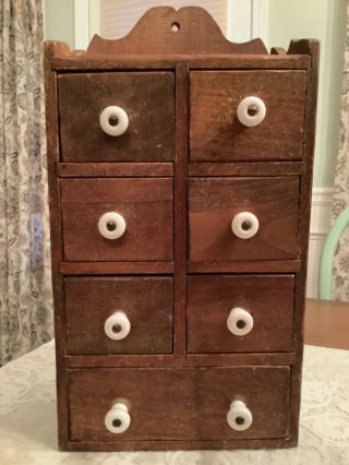 Vintage Primitive Wooden Apothecary Spice Drawer Cabinet - 7 Drawers