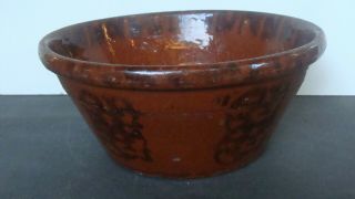 Large 19th C Redware Bowl W Extensive Manganese Accents,